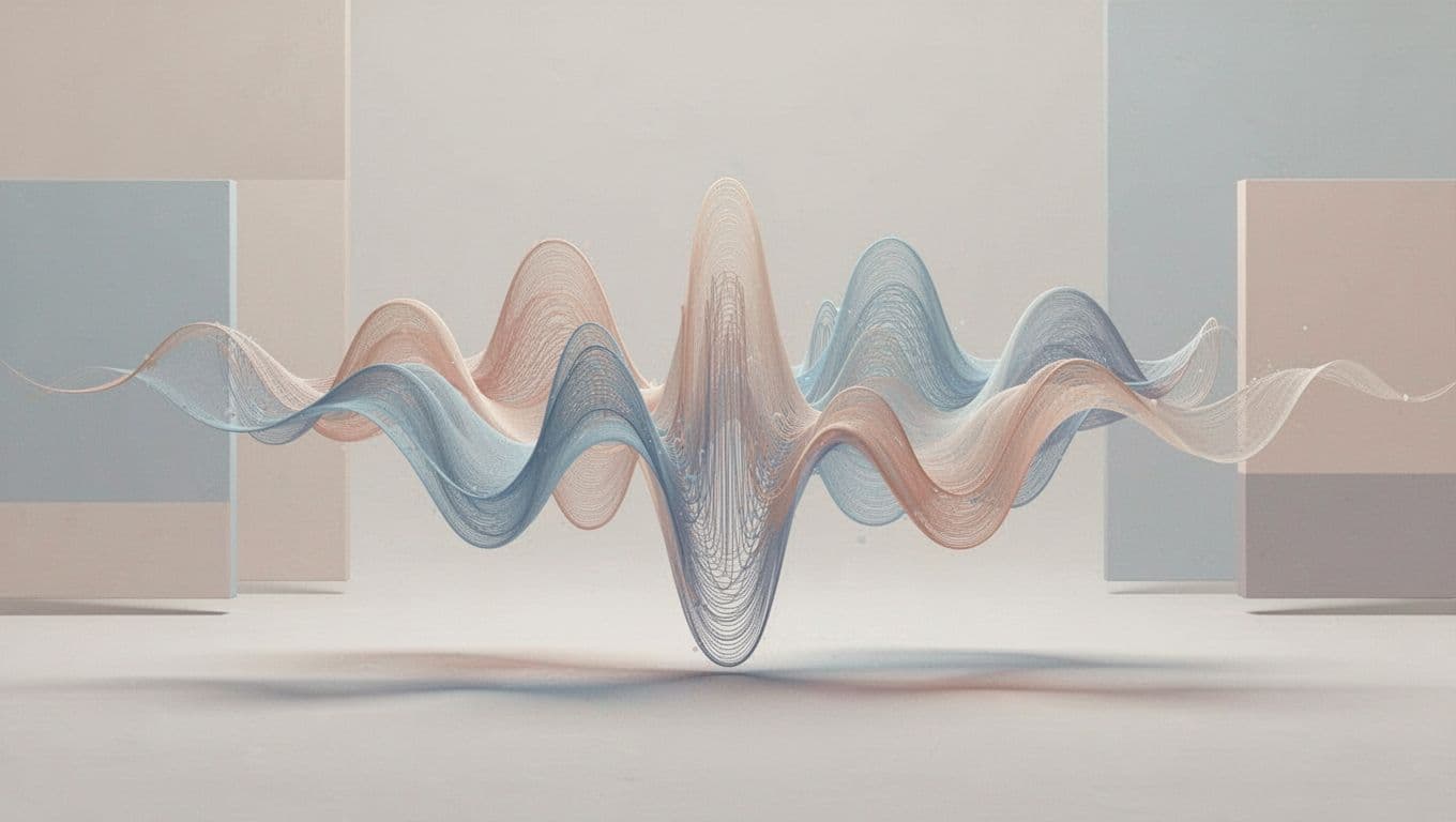 Modern illustration depicting a voice selection interface where diverse natural voices are visualized as sound waves, featuring simple dashboard elements on a neutral background with clean shapes and controlled colors.