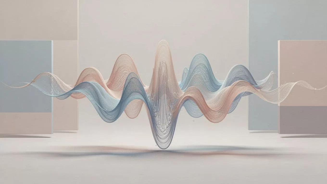 Modern illustration depicting a voice selection interface where diverse natural voices are visualized as sound waves, featuring simple dashboard elements on a neutral background with clean shapes and controlled colors.