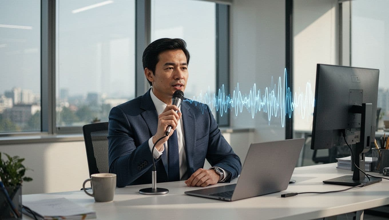 Modern illustration of a business professional speaking into a microphone, dictating text that turns into audio waves on a computer screen in an office with coffee nearby.