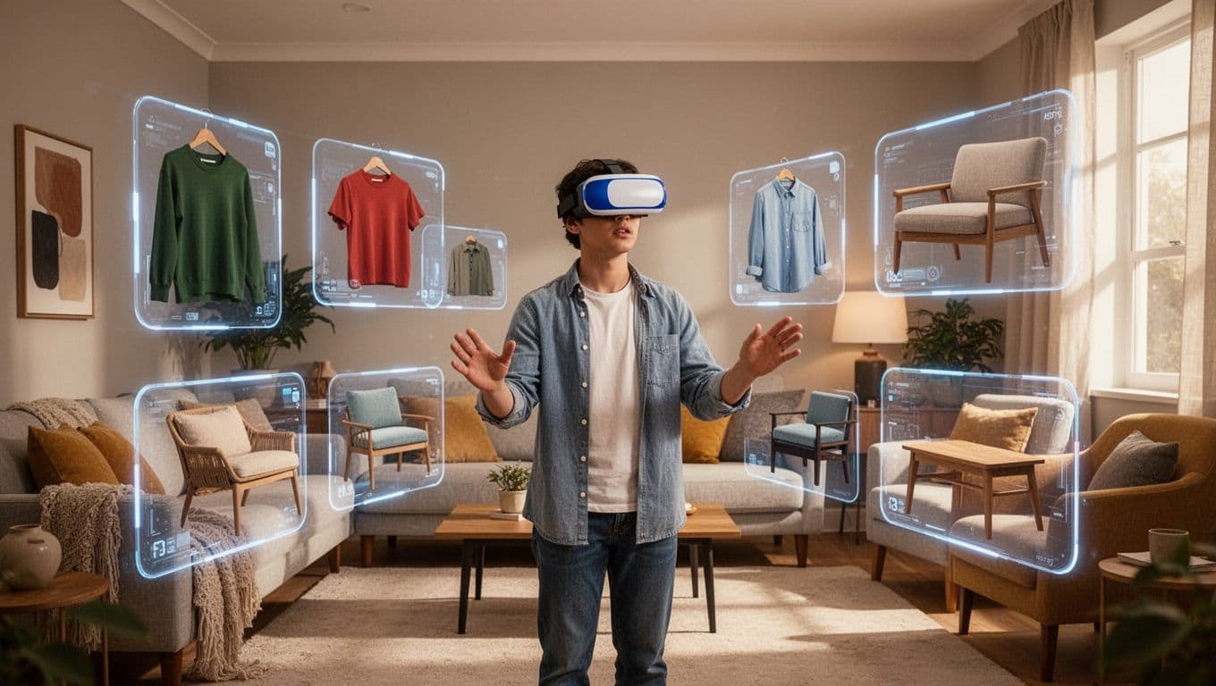 Customer wearing VR headset in cozy living room explores virtual retail aisle with floating clothes and furniture displays, hands gesturing relaxed, modern illustration with soft lighting and muted vibrant colors.