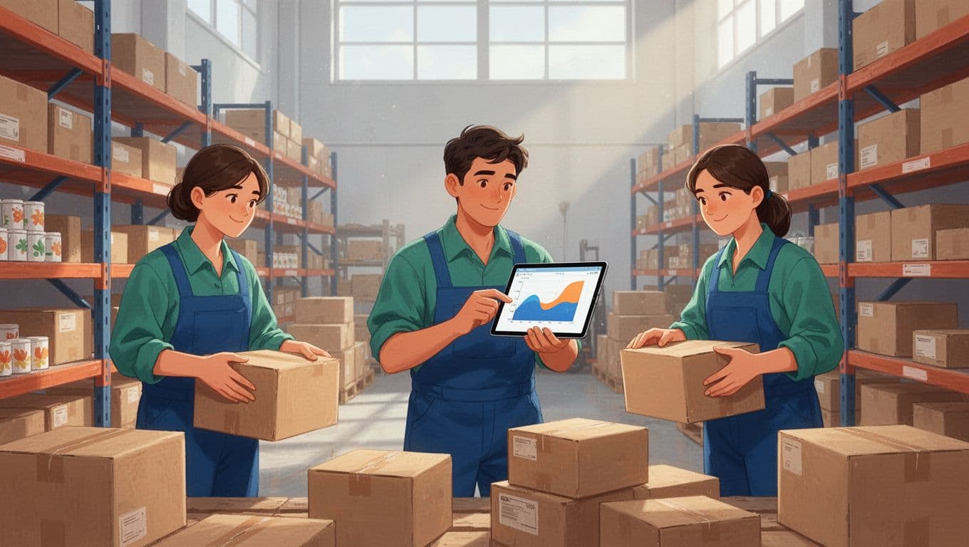 Modern illustration of a small team in a warehouse packing seasonal products like holiday gift boxes and summer beach items, with one person checking an abstract trend chart on a tablet amid organized shelves.