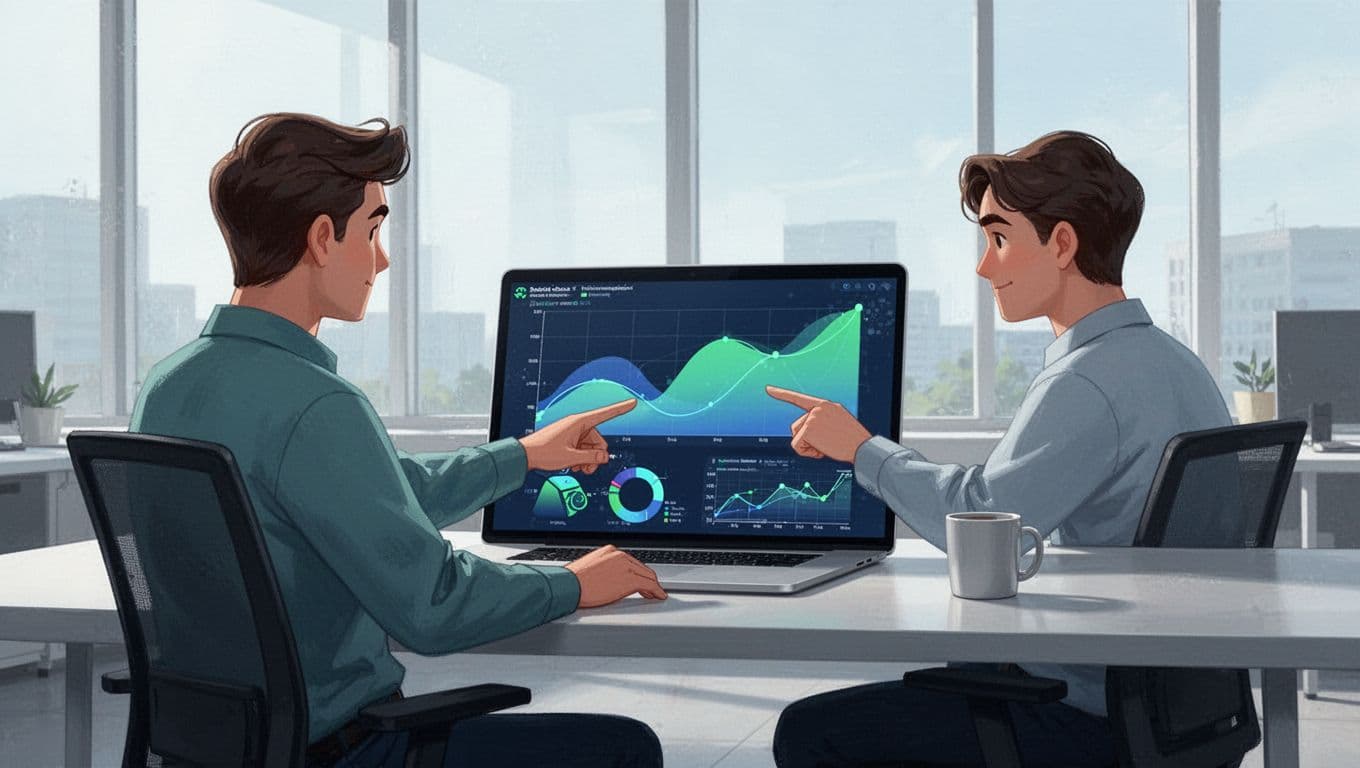 Modern illustration of a laptop screen displaying Exploding Topics dashboard with rising trend graphs for waste management topics like smart bins and recycling robotics, featuring one person pointing at the screen in a modern office.