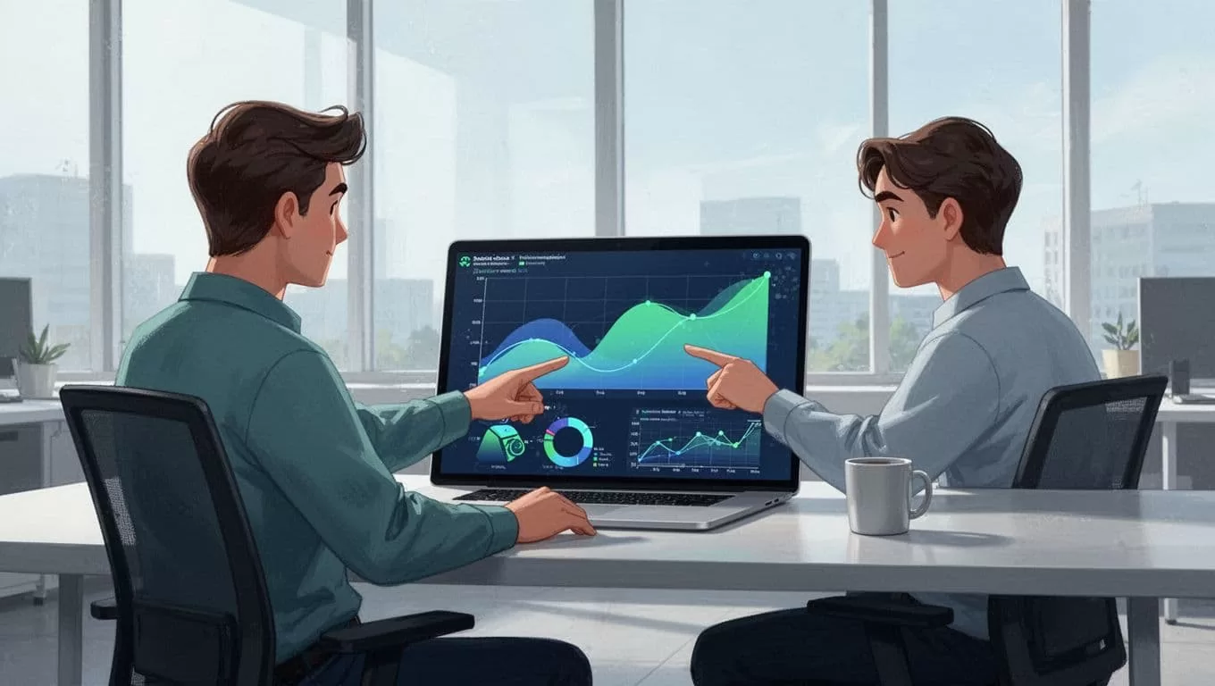 Modern illustration of a laptop screen displaying Exploding Topics dashboard with rising trend graphs for waste management topics like smart bins and recycling robotics, featuring one person pointing at the screen in a modern office.