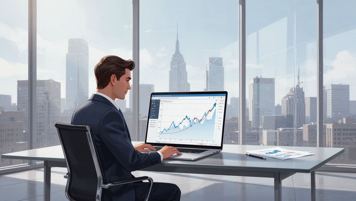 Modern illustration of a wealth management advisor at a sleek desk, examining exploding trend graphs on a laptop screen showing rising charts for AI and embedded finance in a bright professional office.