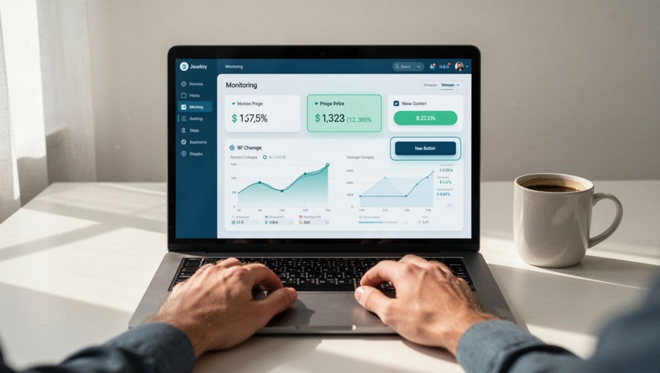 Modern illustration of a laptop screen showing a website monitoring dashboard with visual diff highlights on changed elements like price updates and new buttons, set on a desk with a coffee mug nearby and relaxed hands on the keyboard.