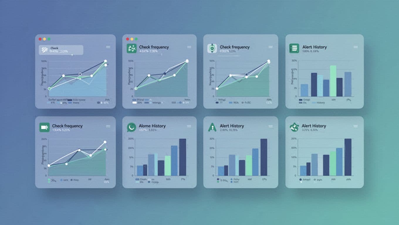 Modern illustration matching previous style: dashboard overview with multiple website monitors listed, graphs showing check frequency and alert history, simple interface elements highlighted, clean shapes, blue green palette, strong grid composition, no people, no text labels, focus on icons and charts, no logos, no watermarks.