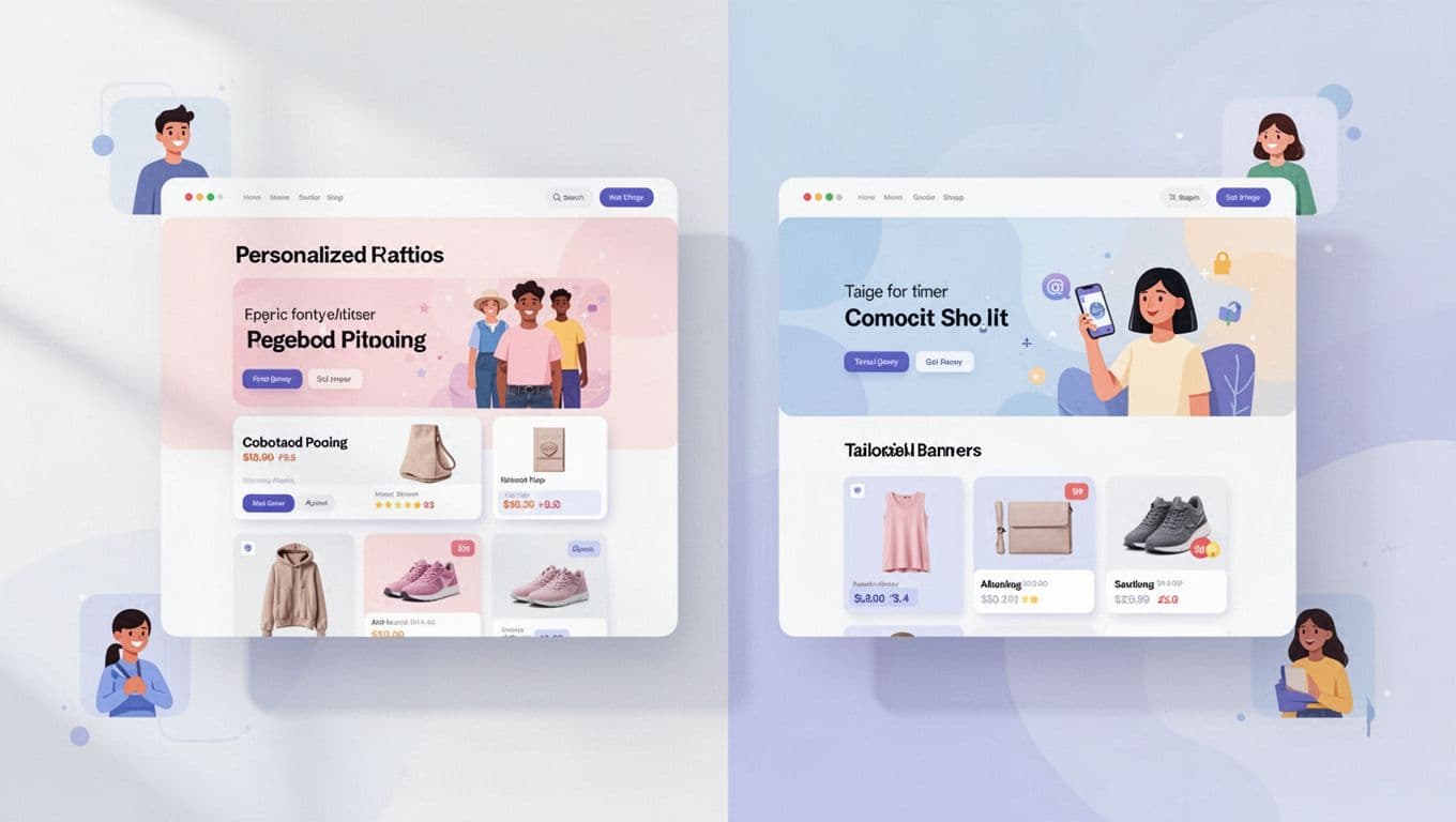 Modern split-composition illustration of website screens displaying personalized content like product recommendations and tailored banners for different users, with abstract user icons on a clean digital background.