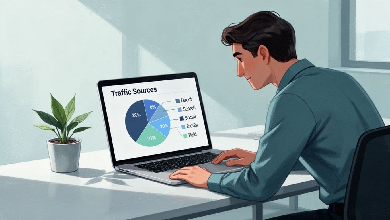 Modern illustration featuring a laptop on an office desk displaying a pie chart breakdown of website traffic sources including direct, search, social, and paid, with one person leaning in to view, a simple plant in the background, soft lighting, and a clean blue-green palette.