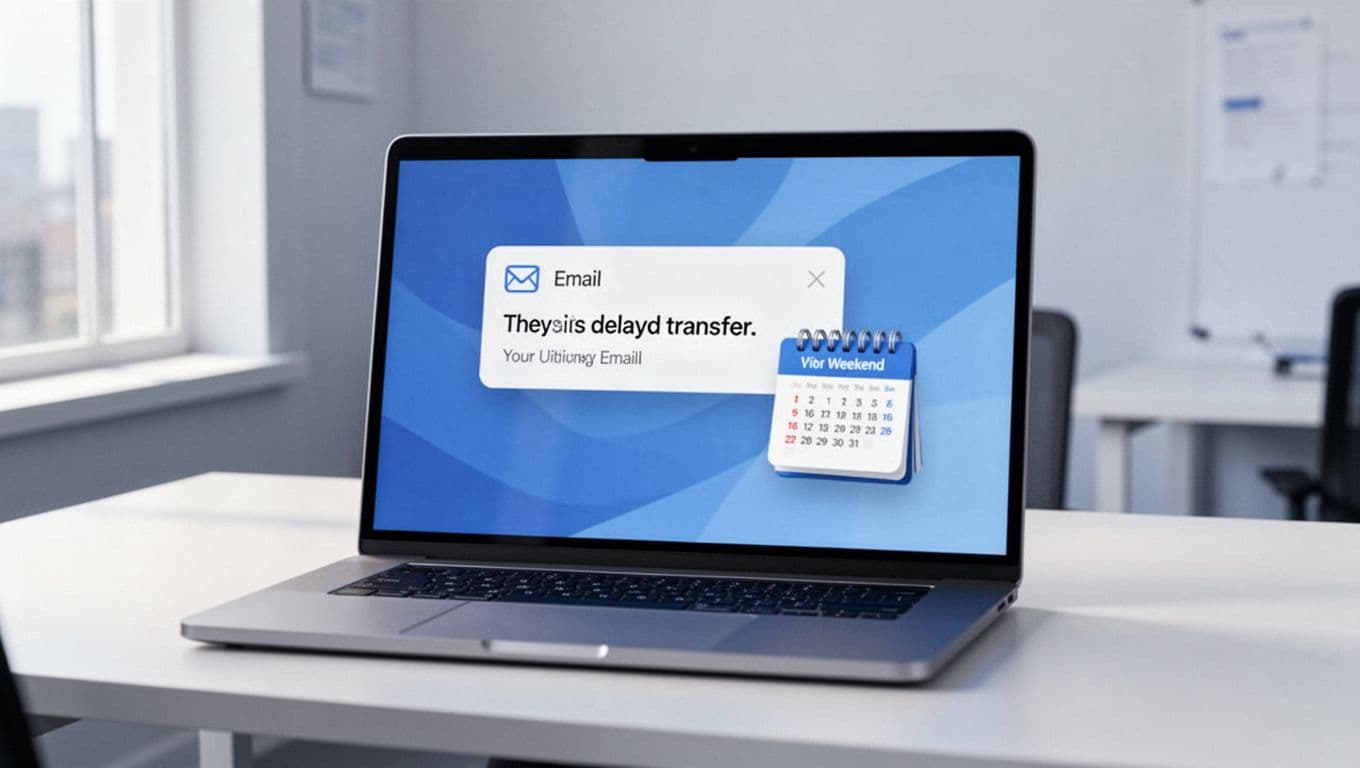 Modern illustration featuring a close-up of a notification email on a computer screen about a transfer delay over the weekend, with a calendar visible in a simple office setting, using blues and whites.