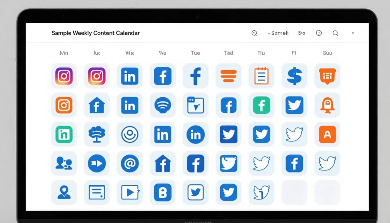 Modern illustration of a digital social media content calendar interface on a laptop screen, featuring a weekly grid with colorful icons for Instagram, LinkedIn, Facebook, and Twitter posts arranged from Monday to Sunday.