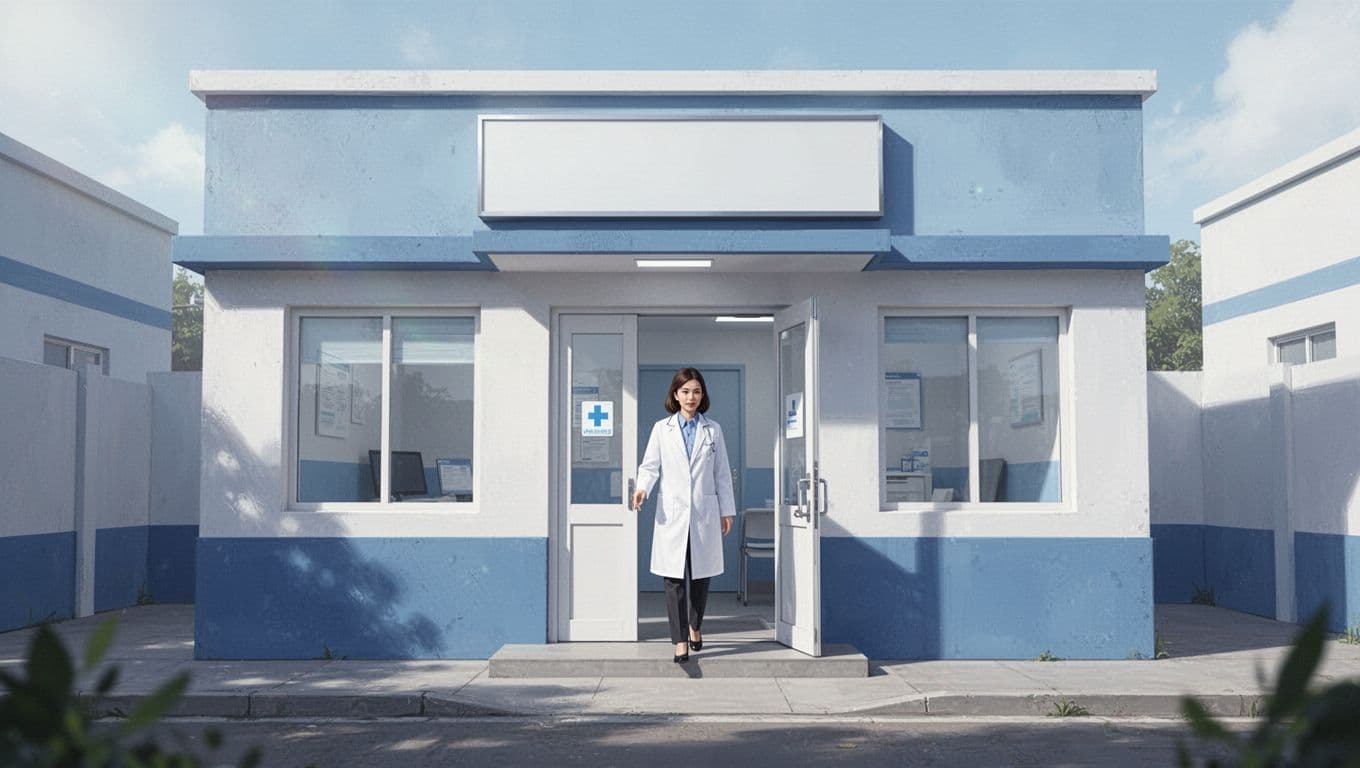 Modern illustration in blues and whites depicting the exterior of a small medical clinic on a sunny day, with a professional entering the welcoming door and clean, simple composition.