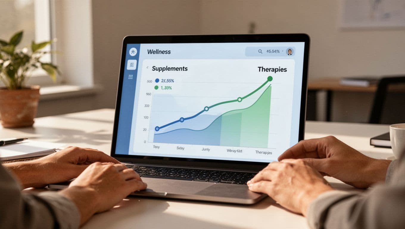 Modern illustration of an abstract data dashboard on a laptop screen showing rising trend graphs for wellness topics like supplements and therapies, with hands resting nearby in a serene office setting.