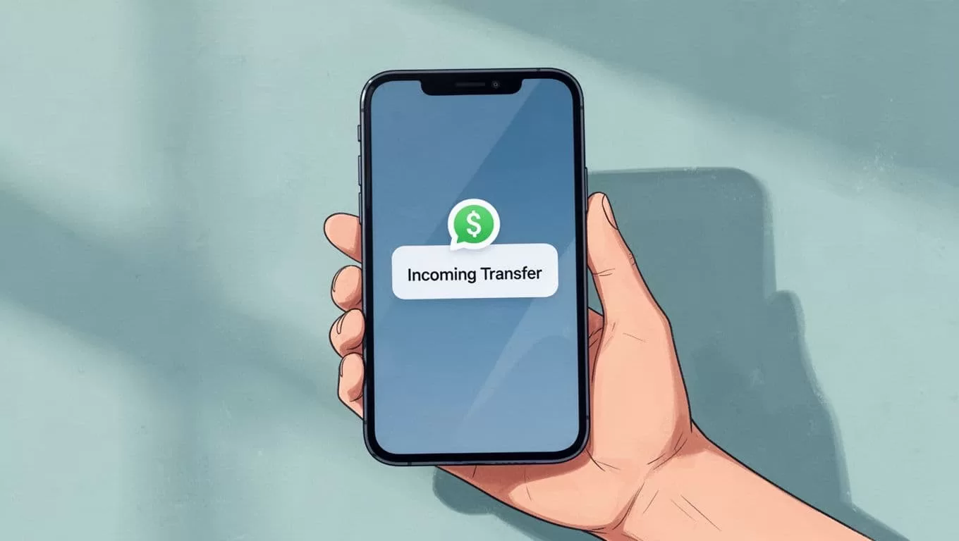 Modern illustration of a hand holding a mobile phone screen displaying an incoming ACH transfer notification in the Wise app, using clean shapes, blue-green palette, and soft lighting.