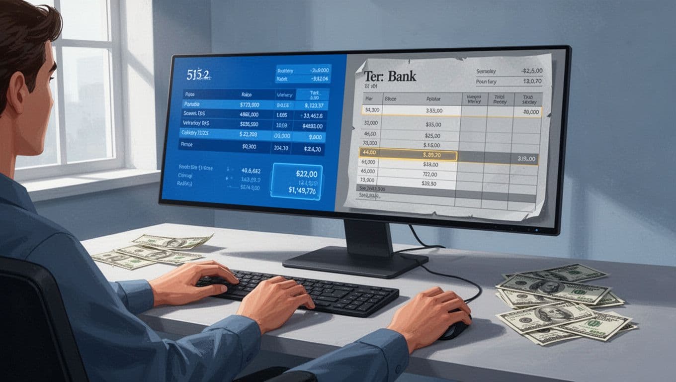 Modern illustration featuring a split-screen monitor comparing Wise statement on the left and bank statement on the right with matching highlighted lines, set on a desk with currency notes and a hand holding a mouse under natural window light.