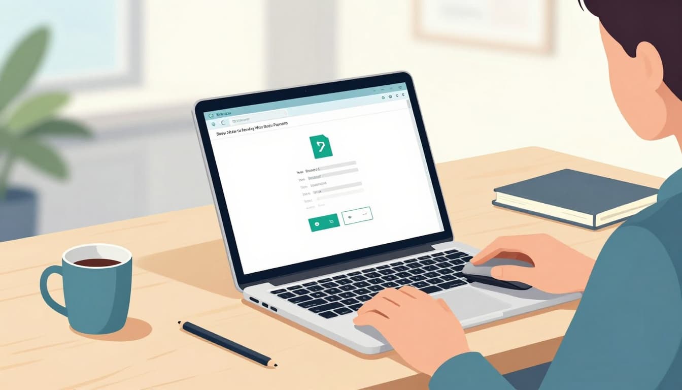 Business professional sitting at a modern wooden desk in a bright office, laptop open to simplified batch payments upload interface, relaxed pose with hand on mouse and keyboard, coffee mug and notebook nearby.