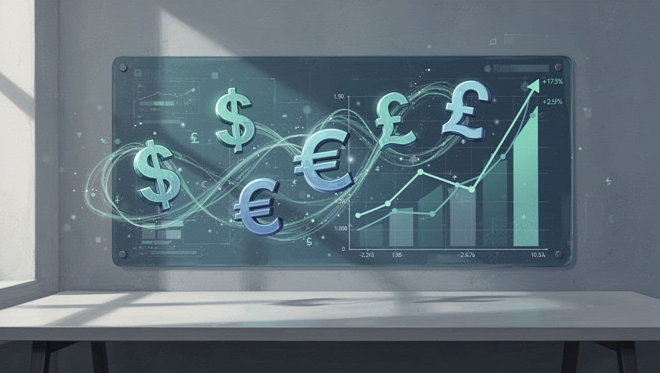 Modern illustration of USD, EUR, GBP symbols flowing through Wise app interface on phone with nearby exchange rate graph in simple desk setup using blue-green palette.
