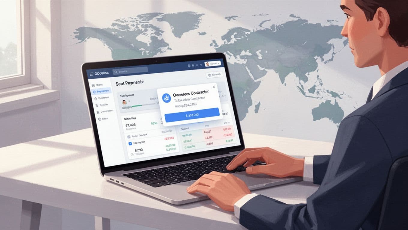 Modern illustration of a professional at a desk reviewing the Wise dashboard on a laptop screen displaying a sent payment notification to an international contractor, with a subtle world map background and natural lighting.