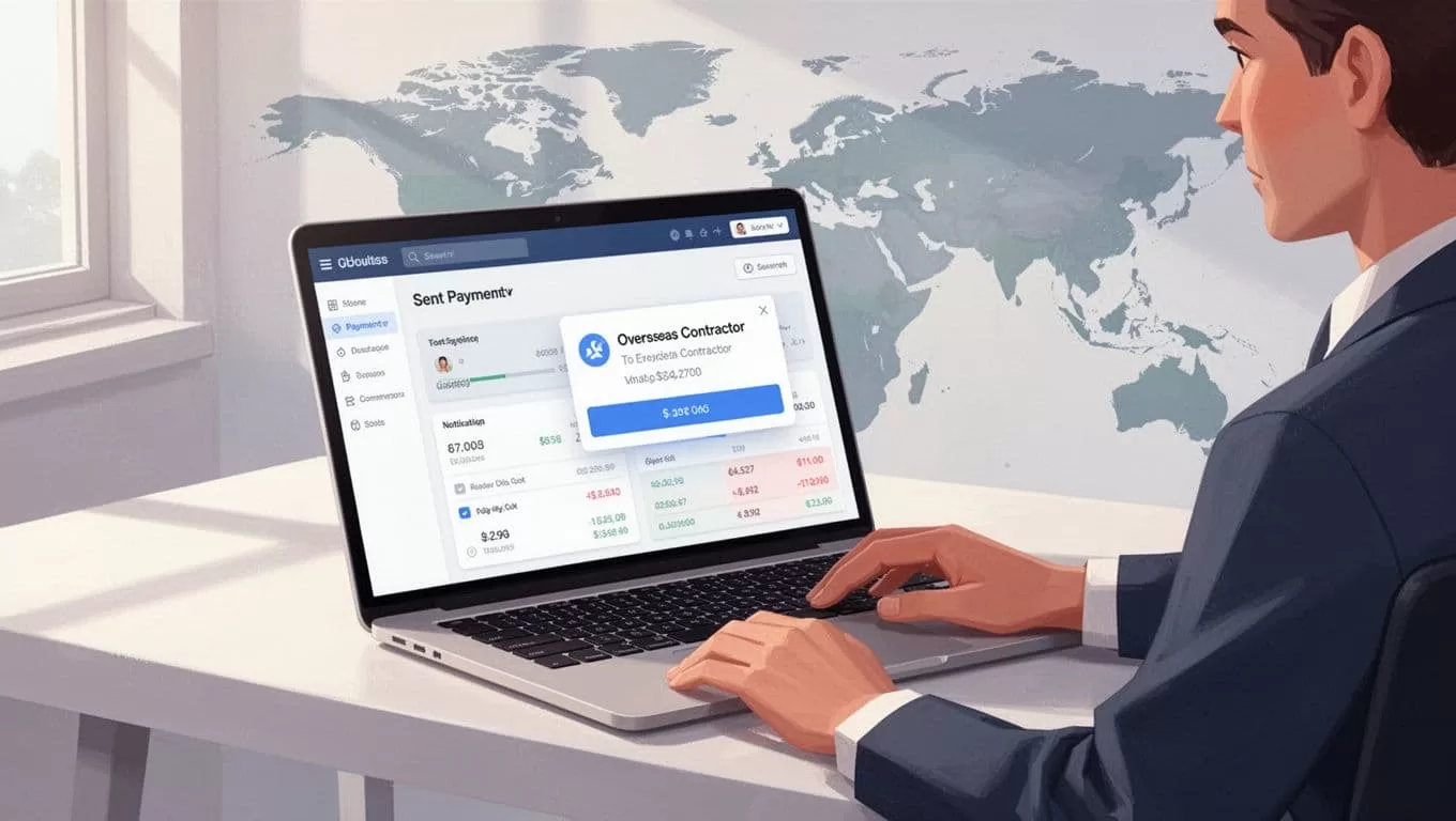 Modern illustration of a professional at a desk reviewing the Wise dashboard on a laptop screen displaying a sent payment notification to an international contractor, with a subtle world map background and natural lighting.