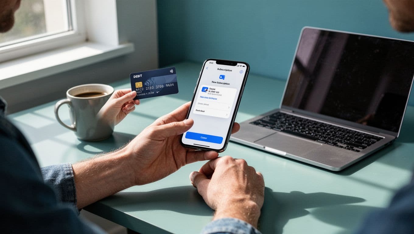 Modern illustration of a person holding a debit card and phone displaying the Wise app while adding a subscription service, with a desk, coffee mug, and laptop in the background using a clean blue and green palette.