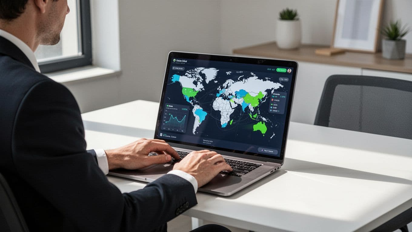 Modern illustration of a business person at a clean desk with a laptop open to the Wise app, screen displaying international transfer setup featuring a world map highlighting Europe and Asia, relaxed pose with hands on keyboard.