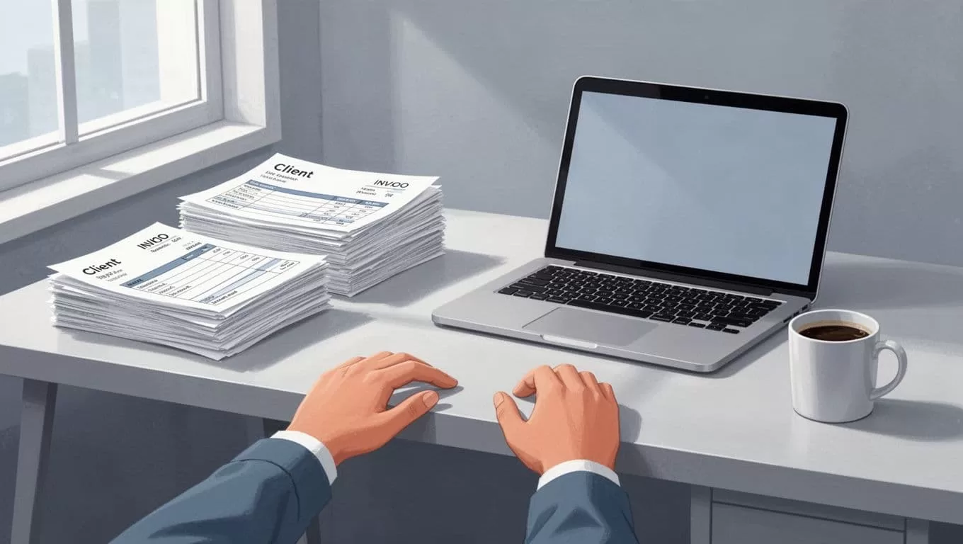 Modern illustration of a clean, organized desk setup with stacked client invoices on one side, a laptop open to a Wise transfer statement on the other, a single coffee mug, and relaxed hands on the desk edge, lit by soft window light.