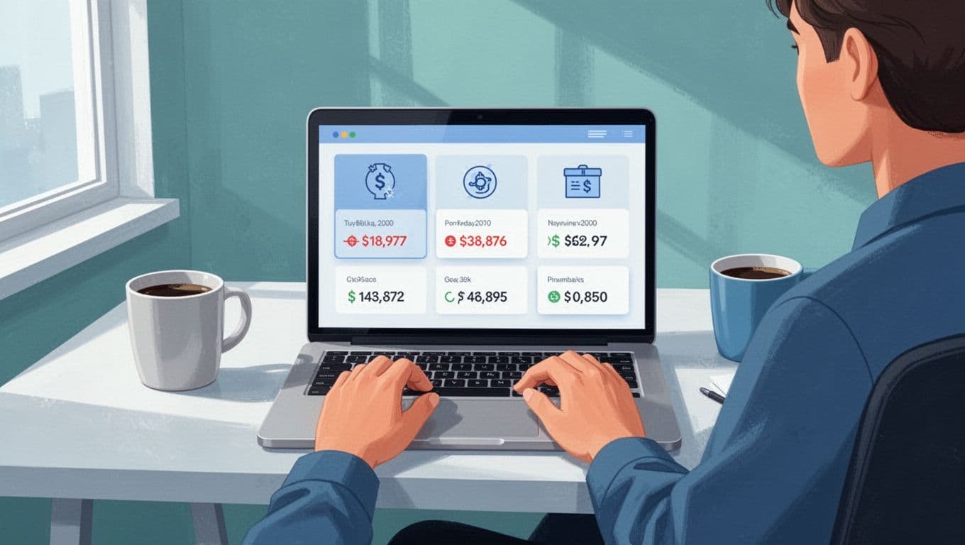 Modern illustration of a person at a desk managing multiple currency balances on a laptop screen featuring Wise interface elements, with a coffee mug nearby. Clean shapes and a controlled blue-green color palette emphasize the screen and hands on the keyboard.