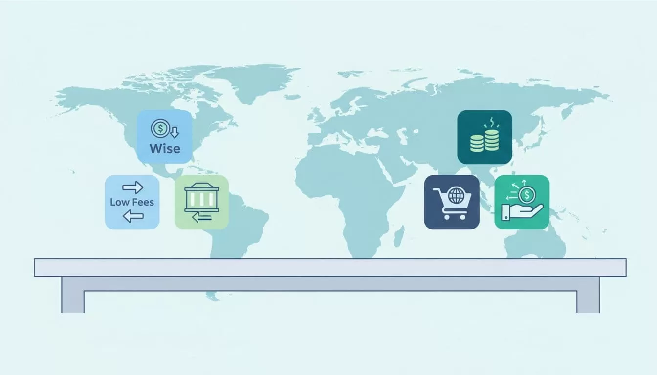 Side-by-side Wise and Payoneer on office desk with low-fee icons, transfer arrows, shopping carts, payout symbols, and subtle world map background.