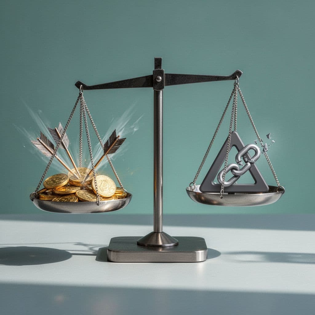 Modern illustration of a balance scale with pros like low fees and fast payments on one side, cons like merchant limits and failed charges on the other. Simple background, clean shapes in blue-green palette, strong composition, no Wise logo, people, text, or watermarks.