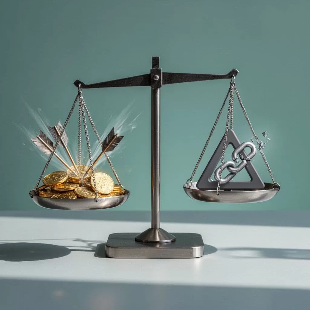 Modern illustration of a balance scale with pros like low fees and fast payments on one side, cons like merchant limits and failed charges on the other. Simple background, clean shapes in blue-green palette, strong composition, no Wise logo, people, text, or watermarks.
