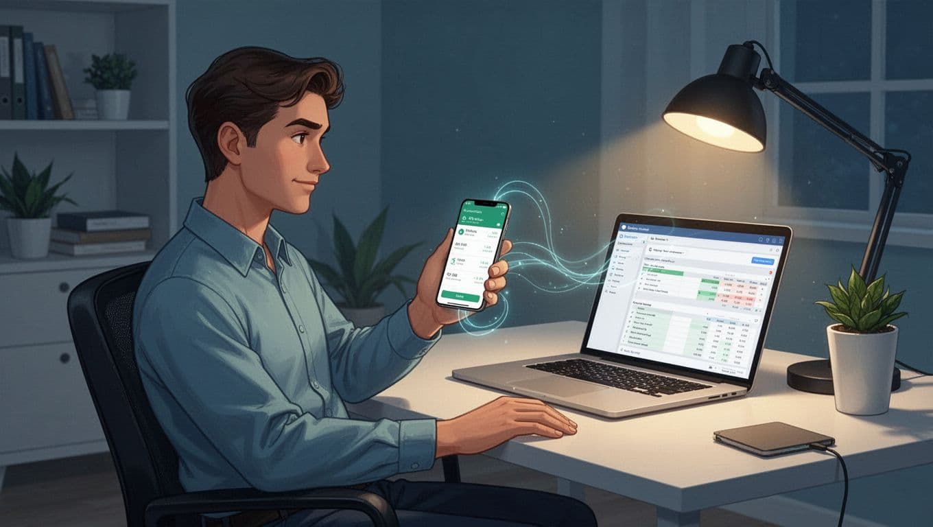 Modern illustration of a small business owner in a home office holding a phone with the Wise app next to a computer running QuickBooks, connected by subtle lines symbolizing bank feed data synchronization.
