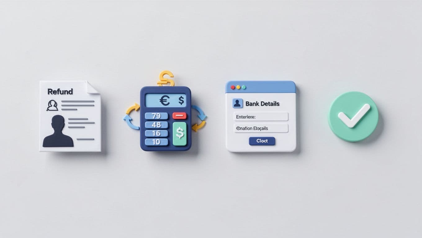 Modern illustration with clean shapes showing sequential icons for collecting customer info, currency conversion, entering bank details on Wise dashboard, and final confirmation screen on a simple background.