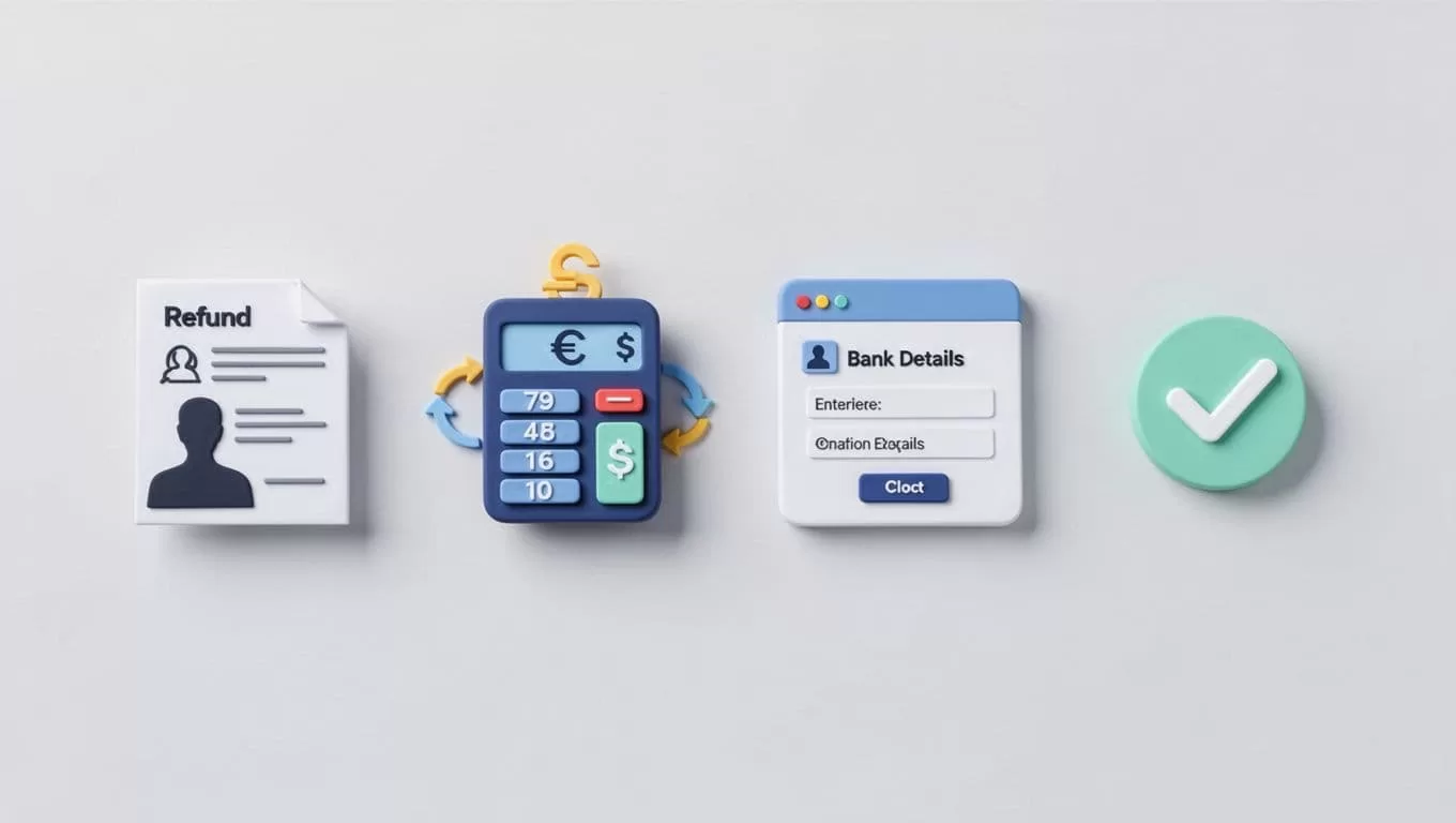 Modern illustration with clean shapes showing sequential icons for collecting customer info, currency conversion, entering bank details on Wise dashboard, and final confirmation screen on a simple background.