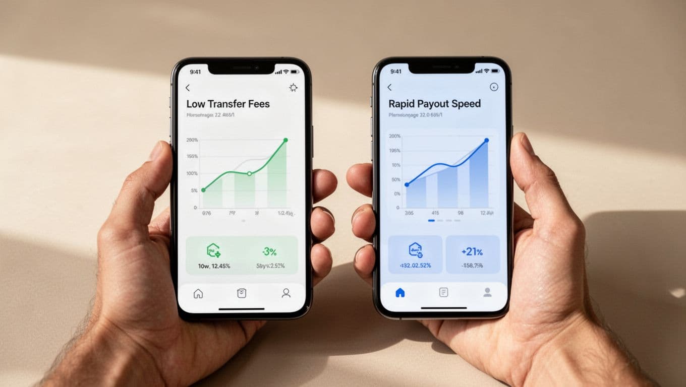 Side-by-side modern illustration of two mobile phones held in hands, comparing Wise app with low-fee transfers and Revolut app with high-speed payouts, featuring simple charts for fees and speed.
