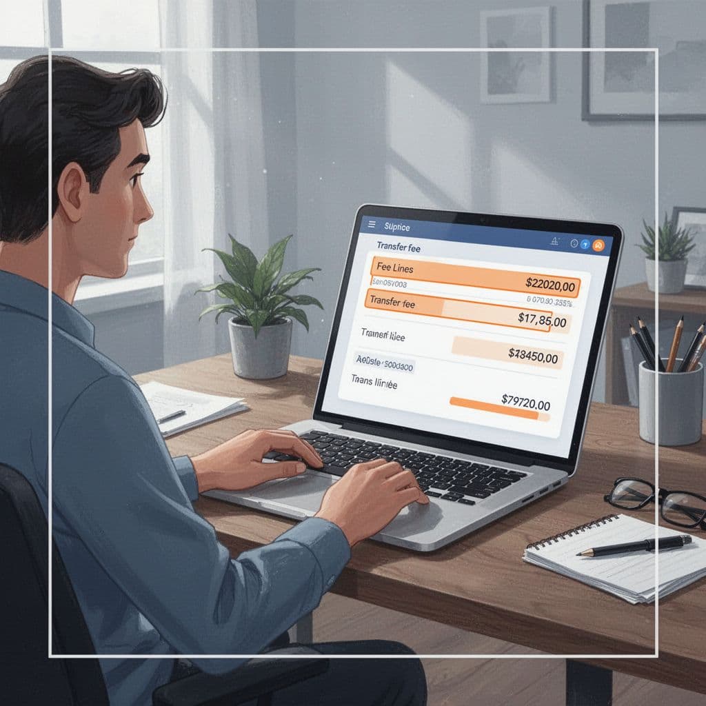 Modern illustration of a laptop on a wooden desk in a bright home office, screen showing transaction list with fees highlighted in orange.