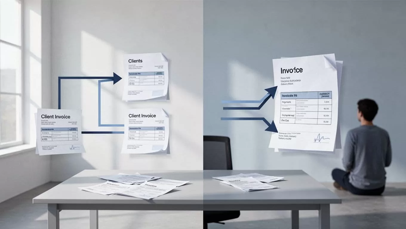 Modern illustration in soft blues, grays, and whites depicting a Wise transfer arrow splitting to cover two client invoices and two transfers combining for one invoice, highlighting payment splits.