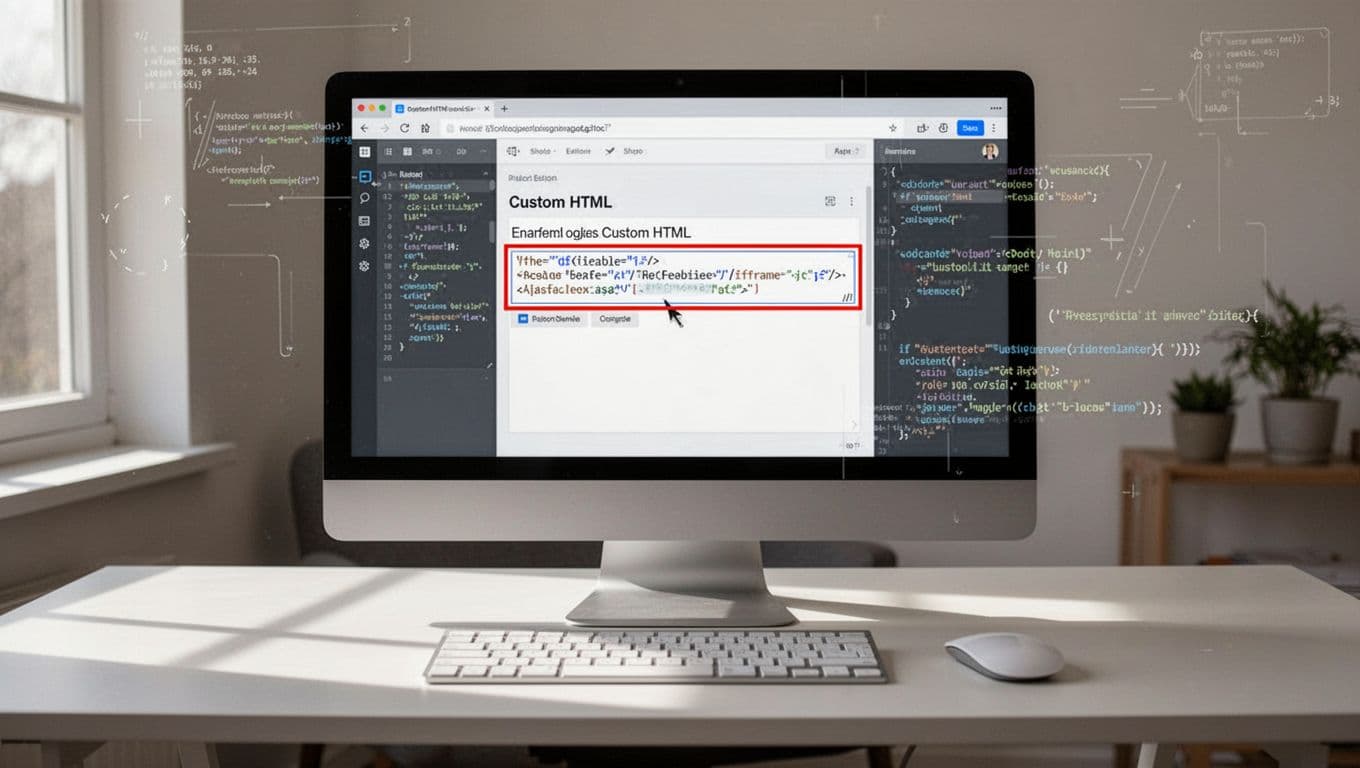 Desktop screen shows WordPress editor with custom HTML block pasting iframe code for podcast player, keyboard and mouse nearby.