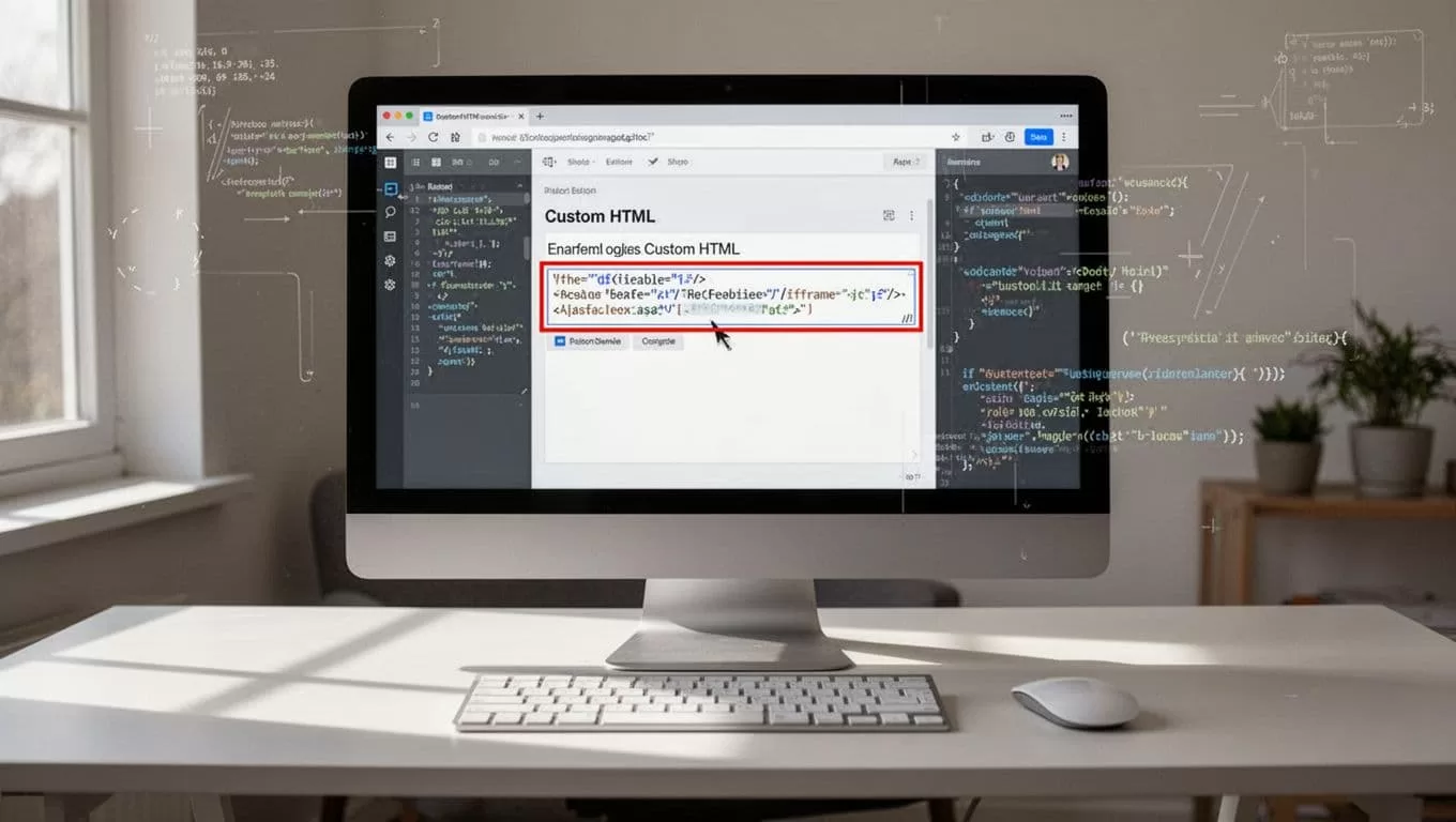 Desktop screen shows WordPress editor with custom HTML block pasting iframe code for podcast player, keyboard and mouse nearby.