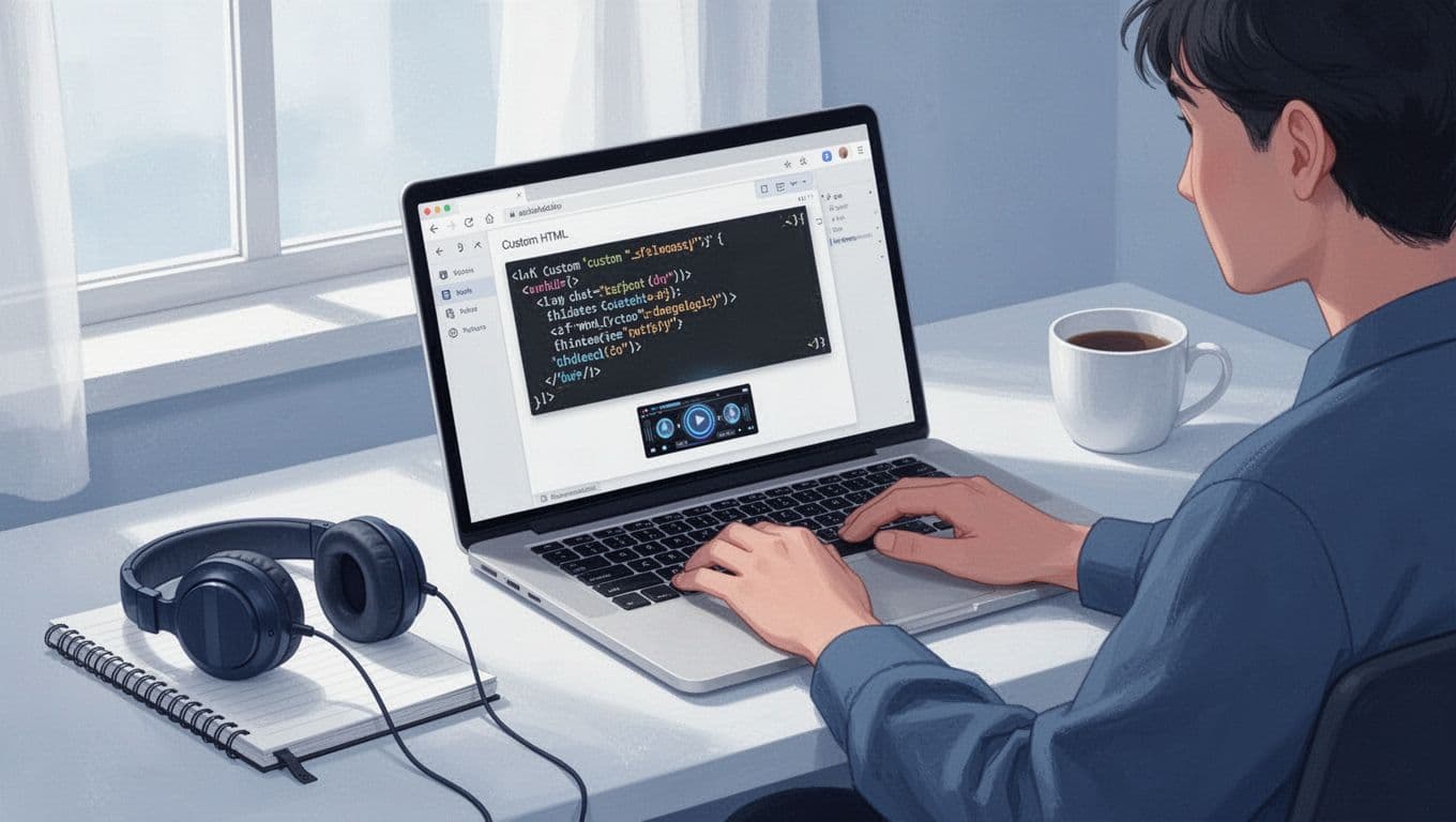 Modern illustration of WordPress Gutenberg editor on a laptop displaying Custom HTML block with Transistor podcast iframe code and audio player preview in a cozy workspace with notebook and headphones.