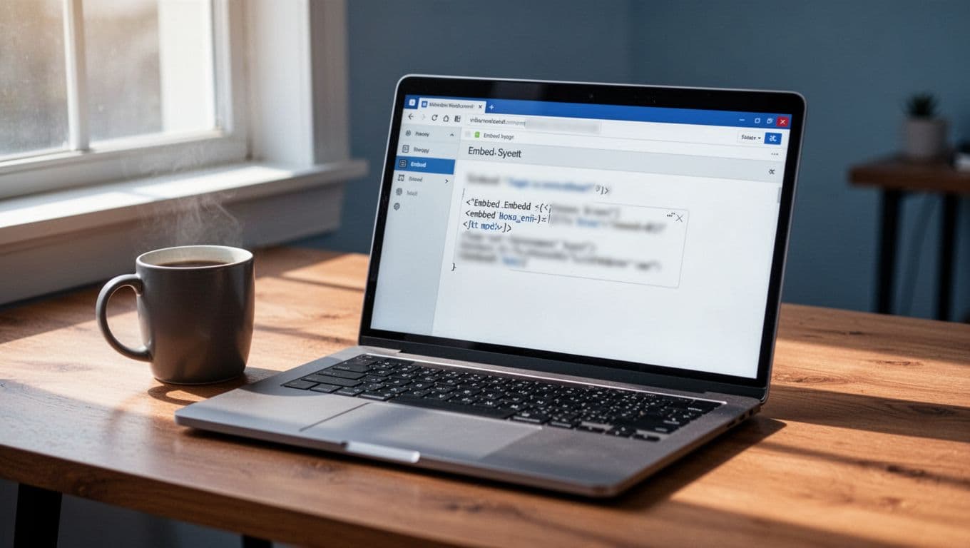 Laptop on wooden desk shows blurred WordPress HTML editor with podcast iframe code, coffee mug nearby.