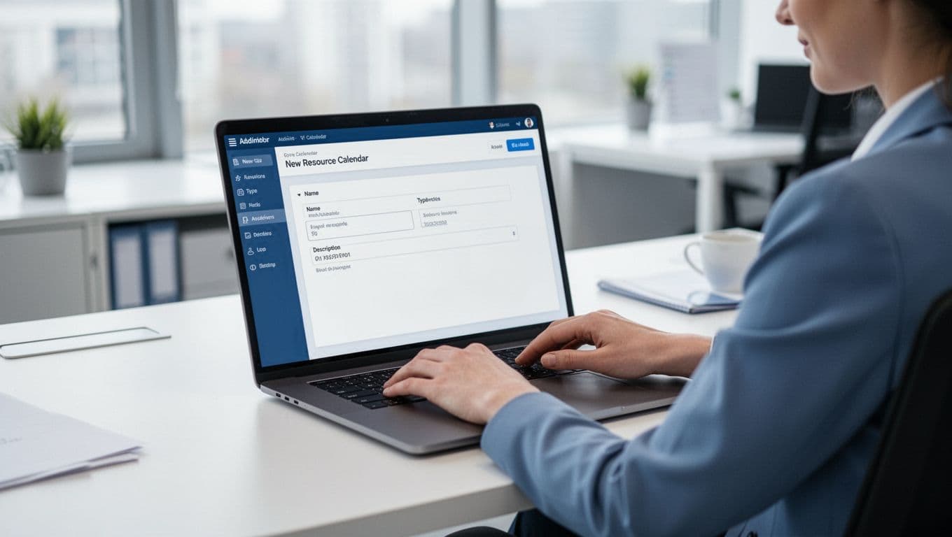 Workspace admin at laptop opens Google Workspace Admin console showing simplified resource creation form with name, type, and description fields.