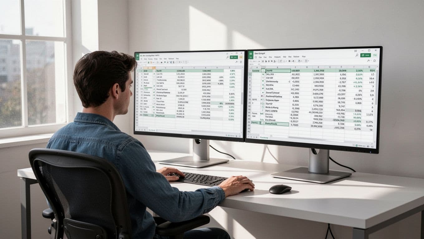 Modern illustration of a workspace scene with one person naturally reviewing an exported CSV file from Hunter.io on dual monitors, displaying cleaned prospect list columns like name, email, company, and status valid.