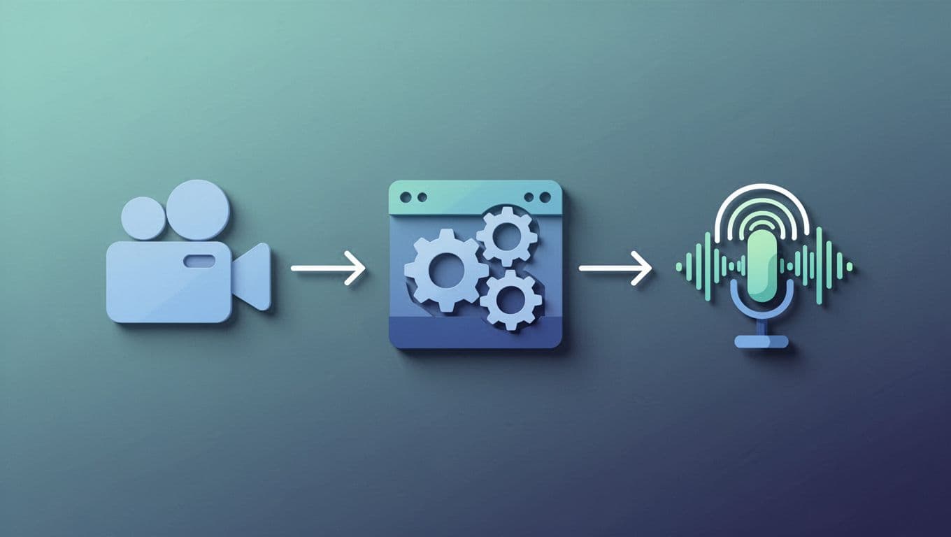 Modern illustration flowchart showing YouTube video icon flowing through Opus Clip AI processor to Transistor.fm podcast icon, using clean blues and greens.