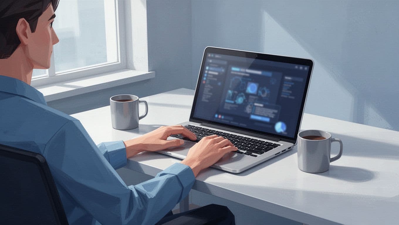 Person at desk with laptop showing blurred YouTube Studio podcast submission interface, hands on keyboard.