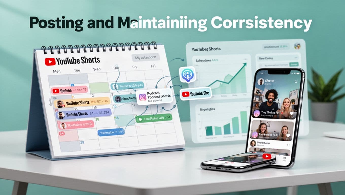 Modern illustration of a calendar scheduled with YouTube Shorts posts and podcast episodes feeding into it, a dashboard displaying analytics growth, and a clean desk setup with one phone showing Shorts feed in a blue-green palette.