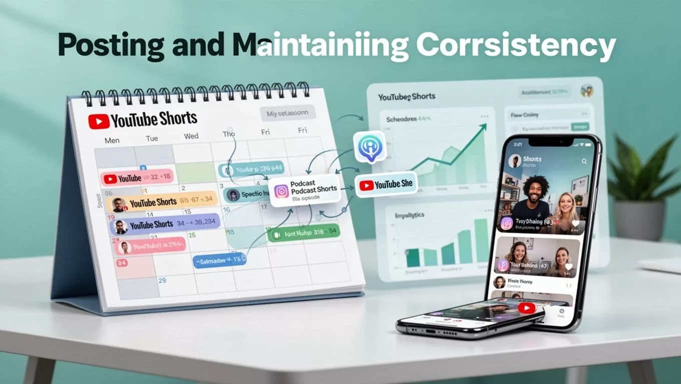 Modern illustration of a calendar scheduled with YouTube Shorts posts and podcast episodes feeding into it, a dashboard displaying analytics growth, and a clean desk setup with one phone showing Shorts feed in a blue-green palette.