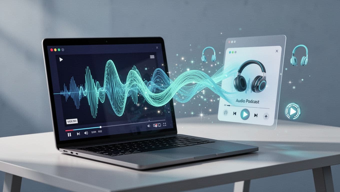Modern illustration of a laptop displaying a YouTube video player beside a podcast app, with audio waveforms flowing from the video into the podcast, accented by subtle AI sparkles.