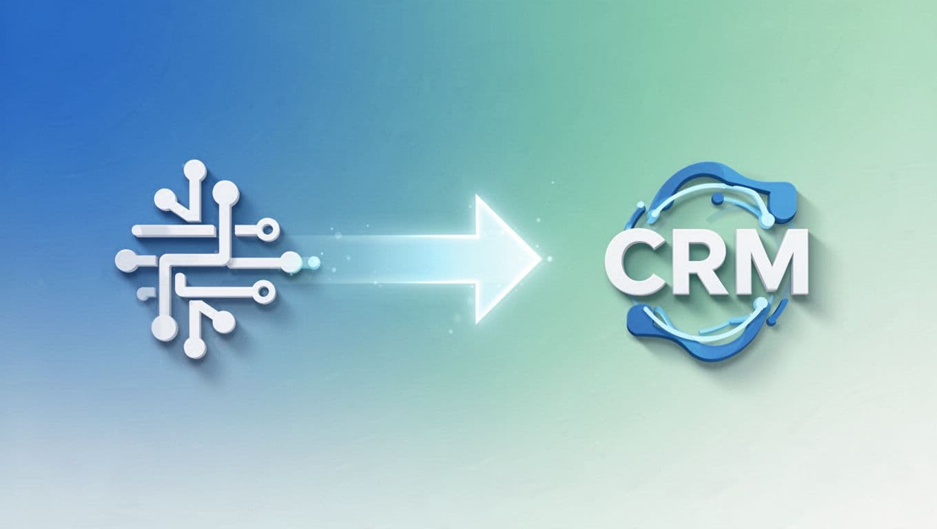 Modern flat design illustration of a Zapier automation showing data flowing from Google Forms icon to HubSpot CRM icon, using clean shapes in blues, greens, and whites with a subtle glowing arrow.
