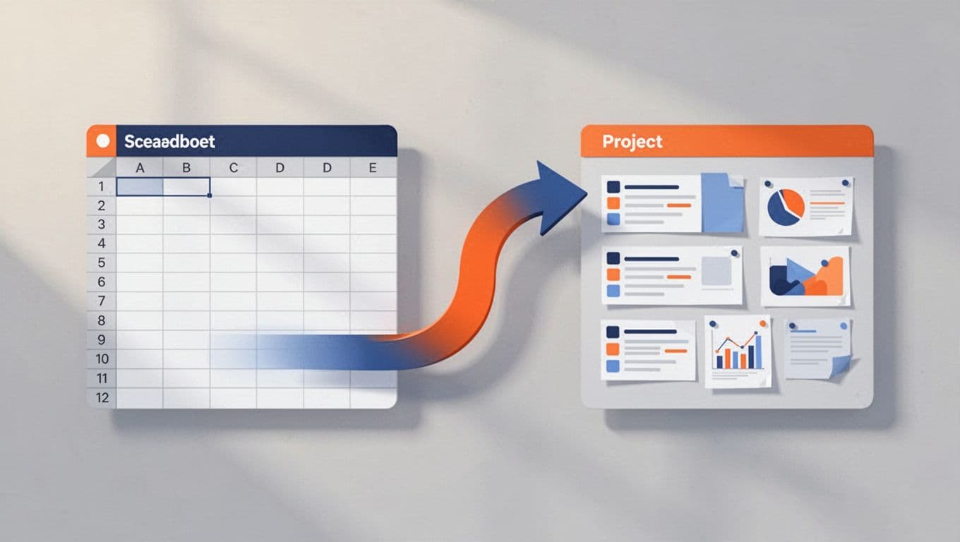 Modern flat design illustration depicting Zapier connecting a Google Sheets spreadsheet icon to an Asana project board icon, with data rows flowing through a curved arrow in a palette of oranges, blues, and grays.