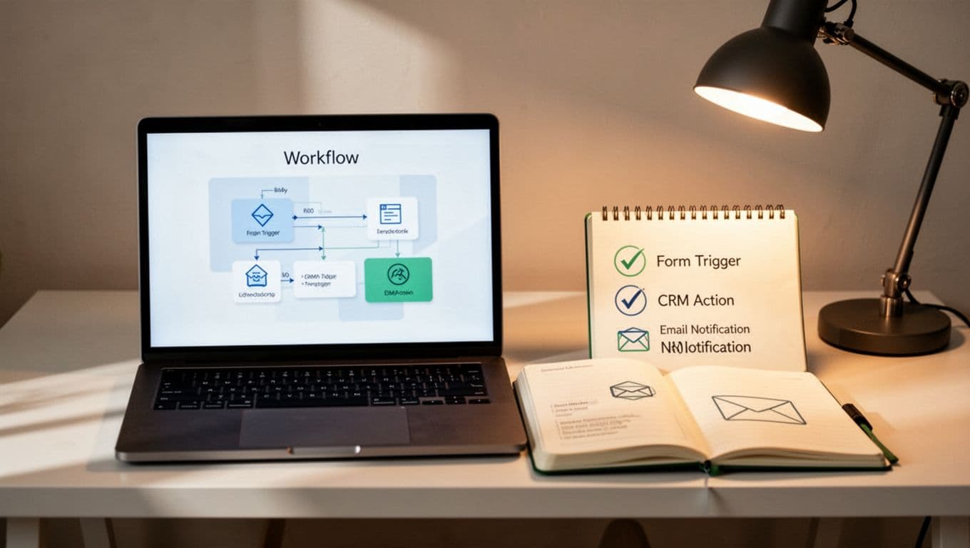 Modern illustration of a checklist on a notepad next to a laptop running Zapier for lead automation setup, with simple icons for form trigger, CRM action, and email notification in clean blues and greens.