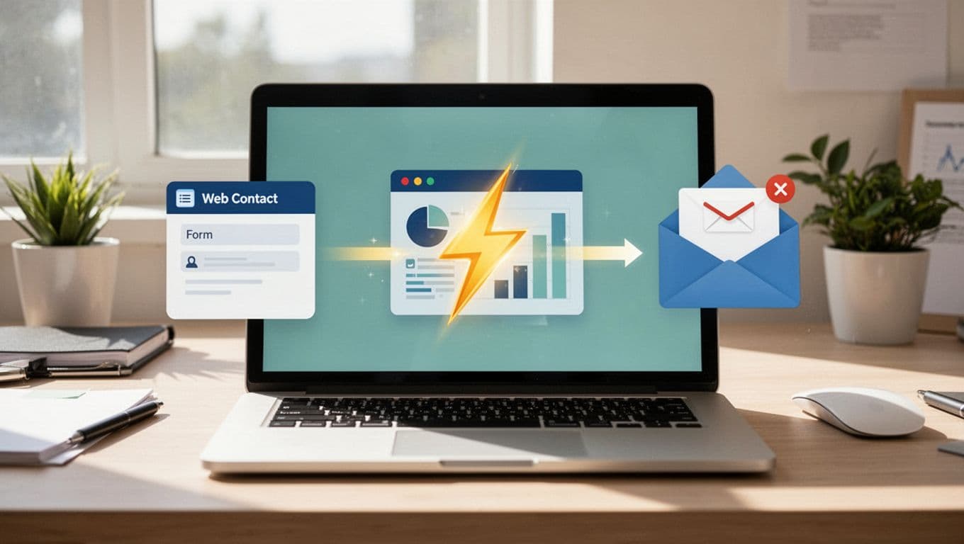 Modern illustration of a Zapier workflow automating lead capture from website contact form to CRM dashboard and email notification, displayed on a laptop on a clean desk.